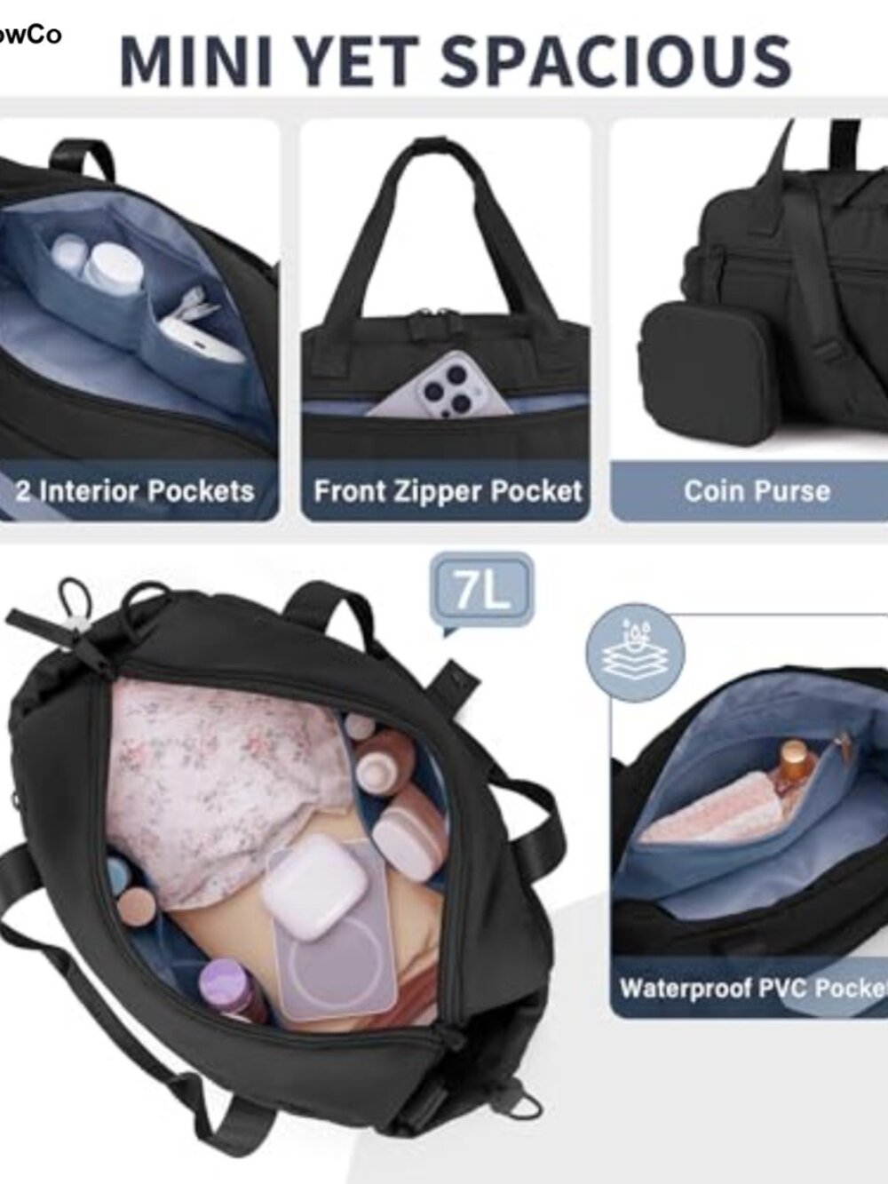 Quilted Puffer Mini Gym Bag Tote with Wet Pocket & Coin Purse Water-Resistant - Picture 3 of 5